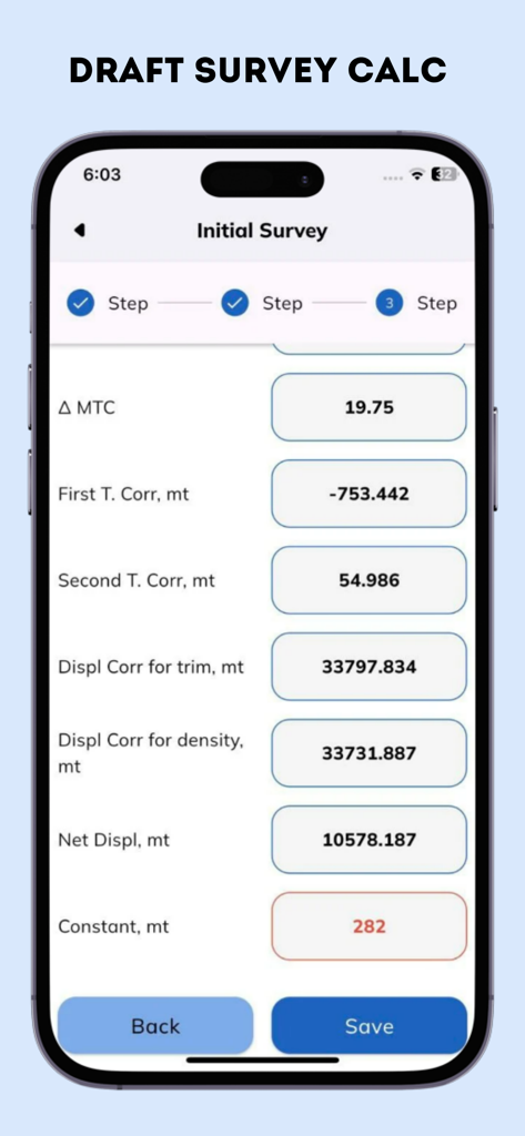 Bridge Calc: Draft & Ballast - Mobile app interface displaying initial draft survey calculation steps and displacement correction data