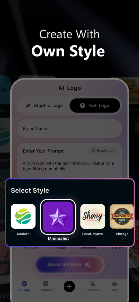 AI Logo Maker: Flyer Generator - Interface of an AI logo creator showing a prompt for a gym logo and a style selection menu with modern and minimalist options