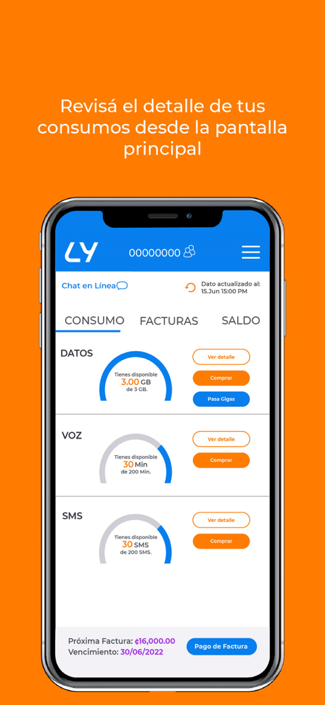 Mi Liberty - Mi Liberty app interface displaying data voice and SMS consumption with a bill payment option