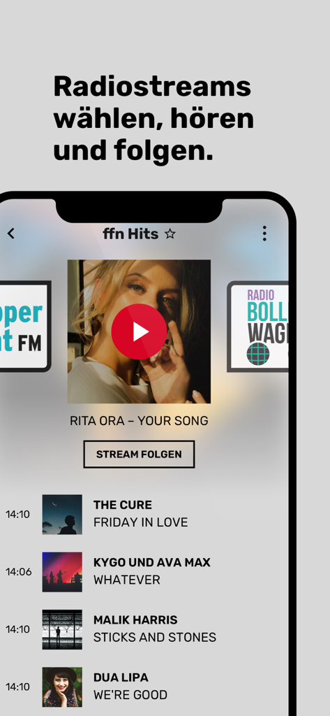 radio ffn. Na denn… ffn - Benutzeroberfläche der radio ffn App, die Musikwiedergabe und Stream-Auswahl zeigt
