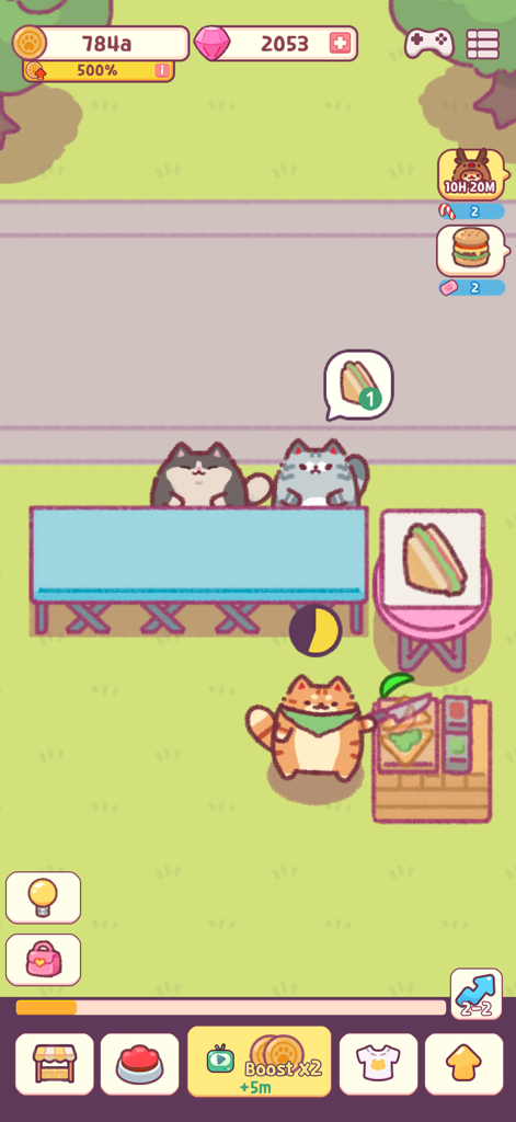Cat Snack Bar: Food Games - Cute orange cat chef preparing a sandwich for feline customers at a blue table in the Cat Snack Bar game.