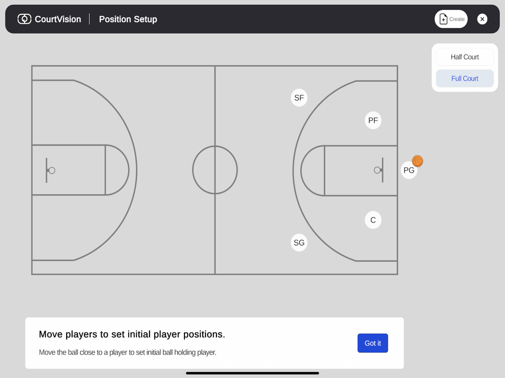CourtVisions - Basketball tactical whiteboard showing player position setup on a full court