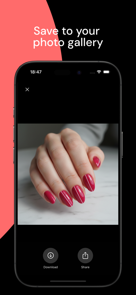 AI Nails: Nail Art & Design - A screenshot of the AI Nails app showing an AI-generated dark pink nail design with options to save or share.