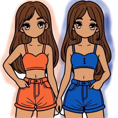 two sisters with crop tops and jean shorts and straight hair