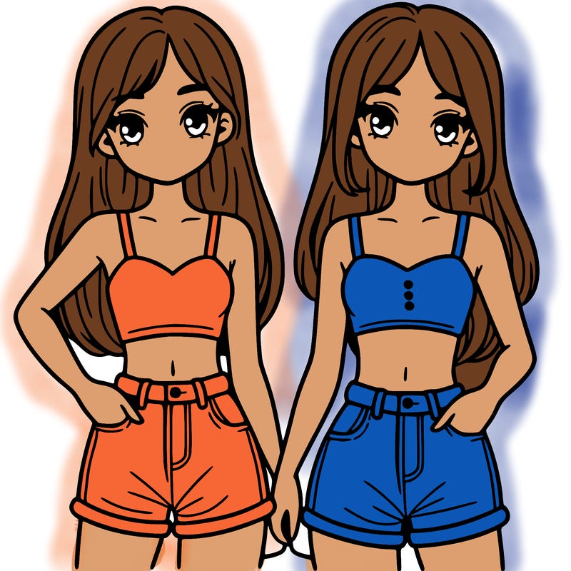 two sisters with crop tops and jean shorts and straight hair