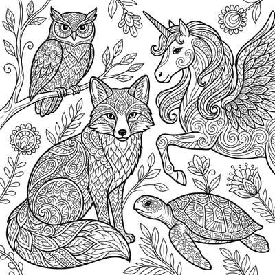 Dive into the intricate world of Zentangle Digital Wildlife with this captivating coloring page. Featuring an owl, fox, winged unicorn, and turtle, it offers a meditative and artistic escape.
