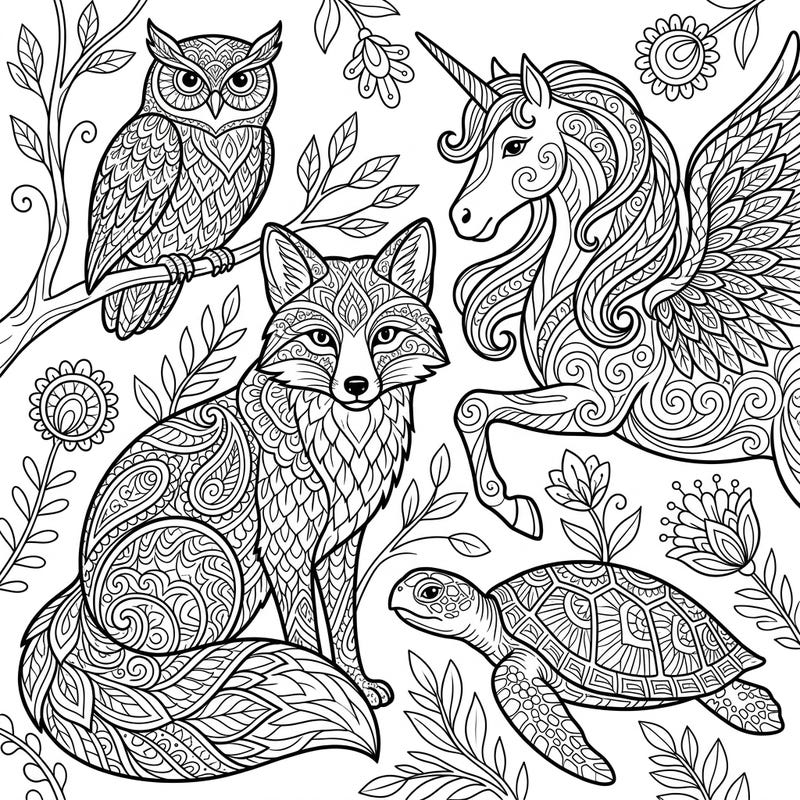 Dive into the intricate world of Zentangle Digital Wildlife with this captivating coloring page. Featuring an owl, fox, winged unicorn, and turtle, it offers a meditative and artistic escape.