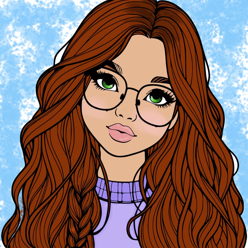 girl with long hair and freckles and glasses realistic