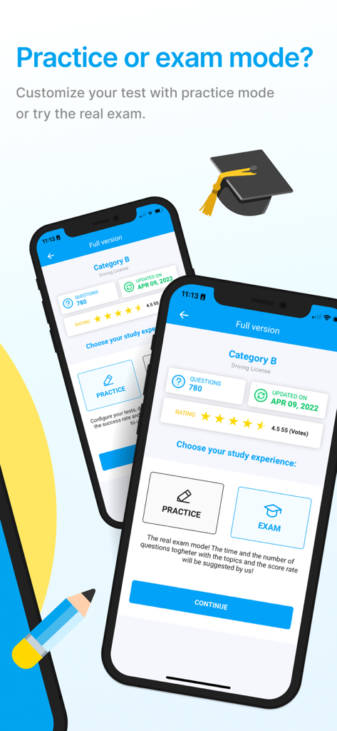 Easy Quizzz - Dos iPhones mostrando la pantalla de la aplicación Easy Quizzz con la opción de elegir entre modos de práctica y examen para una prueba de licencia de conducir.