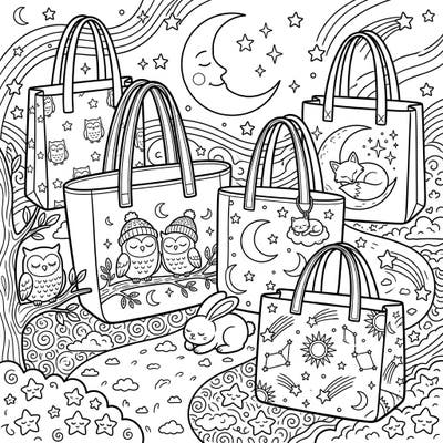 Explore a charming collection of tote bags set against a magical night sky, adorned with sleeping owls, twinkling stars, and crescent moons. This delightful coloring page invites you to bring a dreamy nocturnal world to life with your favorite colors.