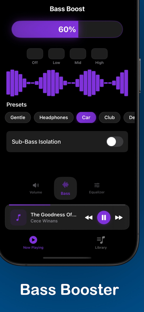 Headphone Volume Booster: HVBz - Interface of the HVBz app showing the bass booster screen with a 60 percent boost level and various audio presets