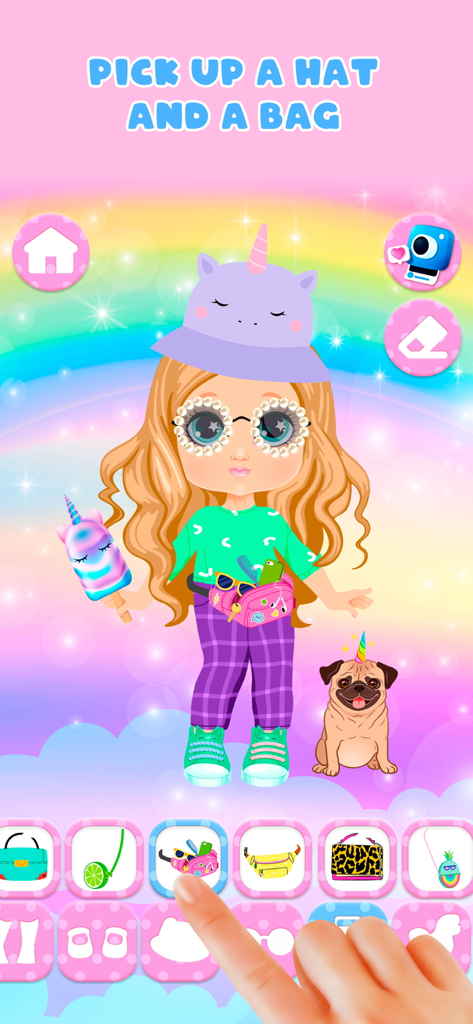 Dress up: games for girls - Cute doll with unicorn hat and glasses selecting a bag in a dress up game