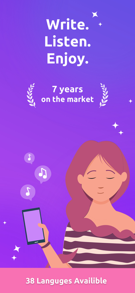 Text To Speech: Natural Voices - A promotional screen for the Text To Speech app featuring an illustration of a woman listening to natural voices on her phone with 38 languages available.