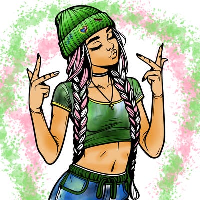 realistic teenage girl with braids and a beanie and crop top doing 🫶🏼