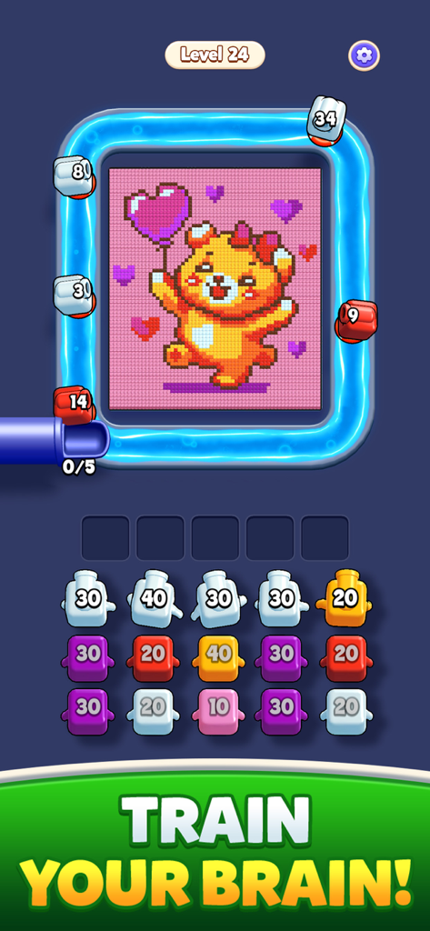 Gameplay screenshot of Color Blast Shooter featuring a pixel art bear puzzle and colored numbered blocks.