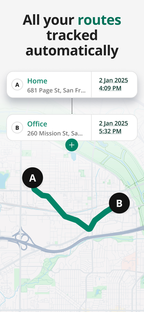 Mileage Tracker by Driversnote - Driversnote app interface showing a map with an automatically tracked driving route between home and office