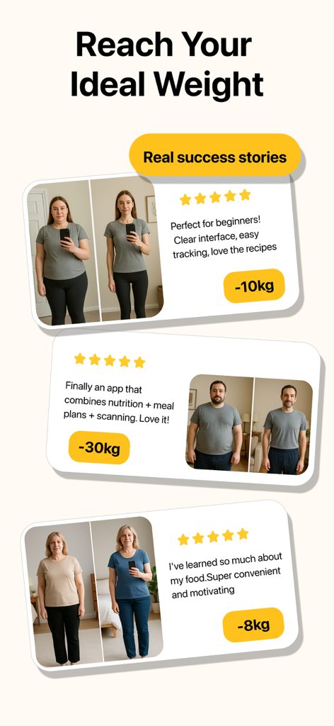 Numi: AI Calorie Counter - Real user before and after weight loss results and testimonials from Numi app.