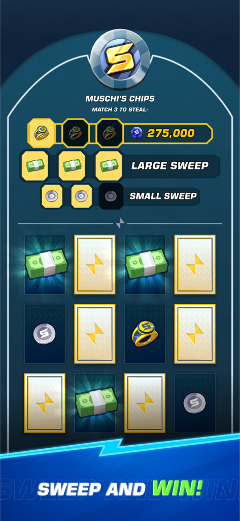 Power Slap - Interface du jeu mobile Power Slap montrant un mini-jeu d'association de cartes pour gagner des jetons et des récompenses en argent.