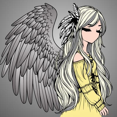 realistic girl with bird wings and some feathers in her hair