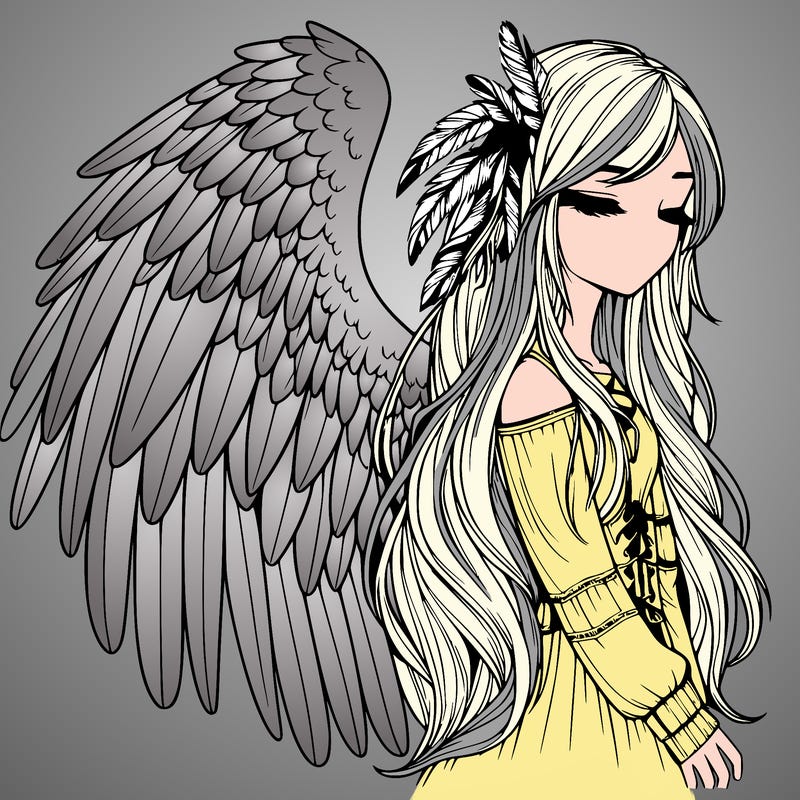 realistic girl with bird wings and some feathers in her hair