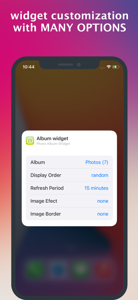Photo Album Widget - Interfaz que muestra la configuración de personalización para el widget de álbum de fotos, incluida la selección del álbum y el orden de visualización