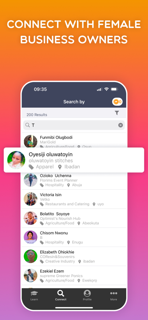 eLearning Courses: HerVenture - Interface of the HerVenture app showing a directory to connect with female entrepreneurs