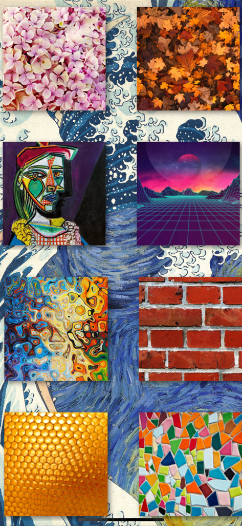 Neural Style Transfer - A grid of various artistic AI style filters including mosaic, brick, synth, and Picasso styles for photo editing.