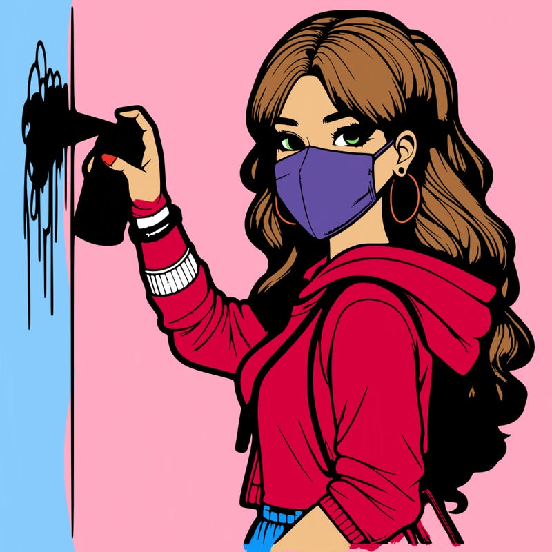 realistic girl with mask spray painting a wall