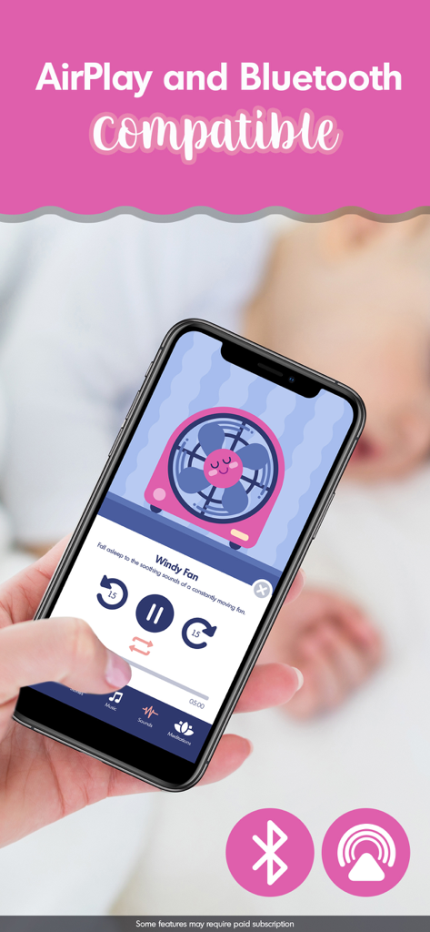 Teléfono inteligente que muestra la interfaz de ruido blanco "Windy Fan" en la aplicación Budge Bedtime con iconos de compatibilidad AirPlay y Bluetooth.