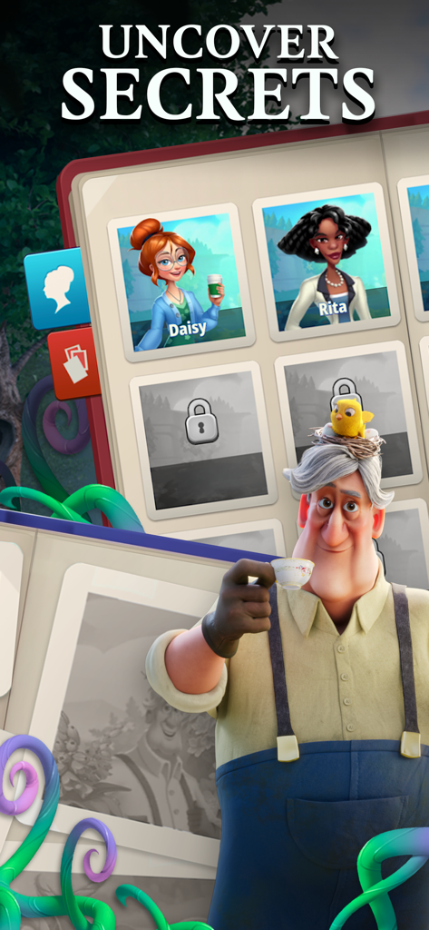 Merge Gardens - Ein Mann in Latzhosen hält eine Teetasse vor ein Fotoalbum mit dem Text 'Geheimnisse aufdecken'.