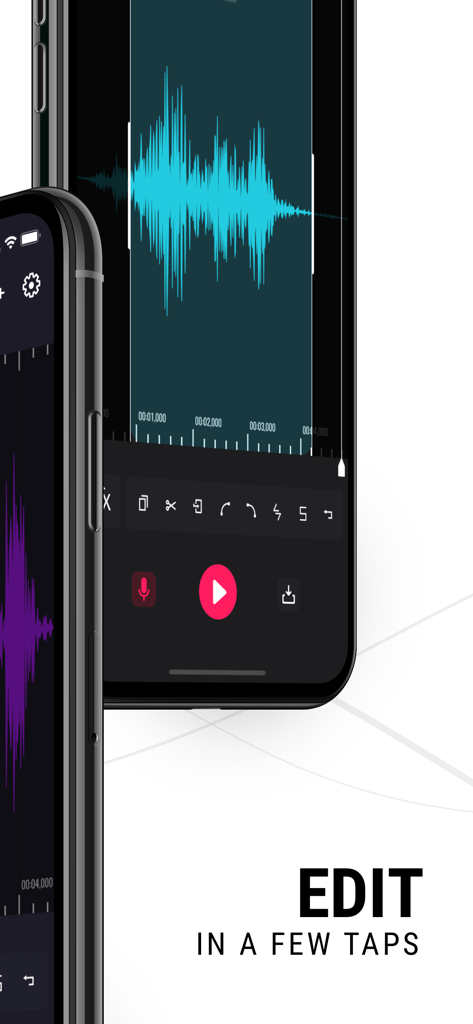 Edity-Audio & Music Editor Lab - Edity app mobile interface showing blue audio waveform and editing tools on a smartphone