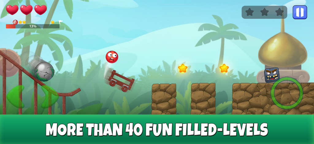 Red Ball: Secret Adventure - Personagem Red Ball pulando por um nível de plataforma tropical para coletar estrelas e evitar inimigos