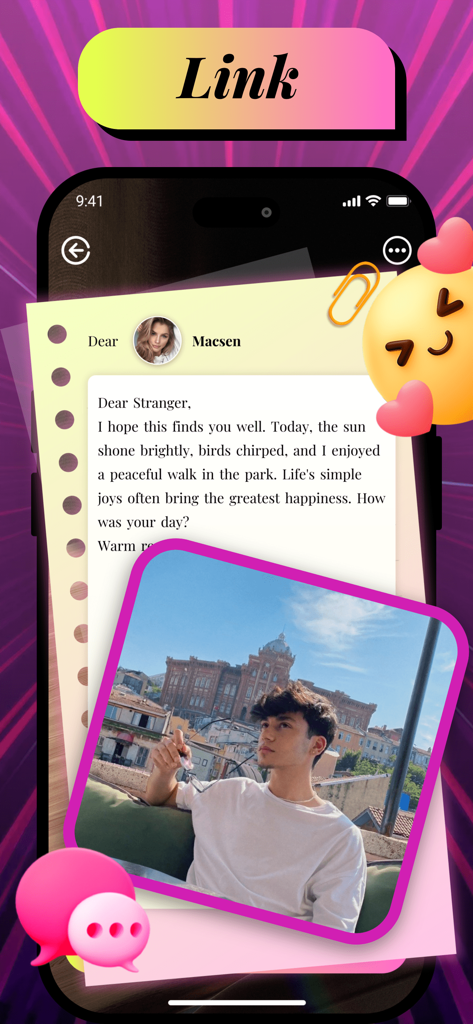 Salas：Video Chat & Meet - Interface do aplicativo Salas exibindo uma carta digital para um estranho com fotos de perfil de usuário e emojis sociais.