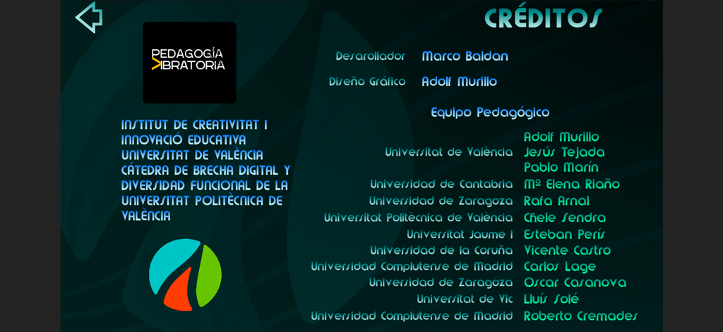 Credits-Bildschirm für die Aglaya Play Control App, der die Entwickler und das Lehrteam zeigt