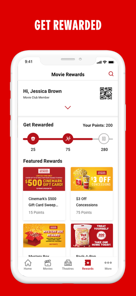 Cinemark Theatres - Pantalla de Movie Rewards de la aplicación Cinemark mostrando los puntos del usuario y las recompensas destacadas para miembros