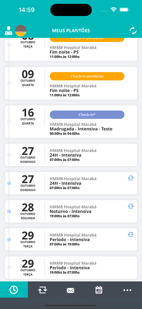 Plantão Médico - Uma lista vertical de plantões médicos agendados mostrando datas, horários, nomes de hospitais e botões de check-in na interface do aplicativo Plantão Médico.