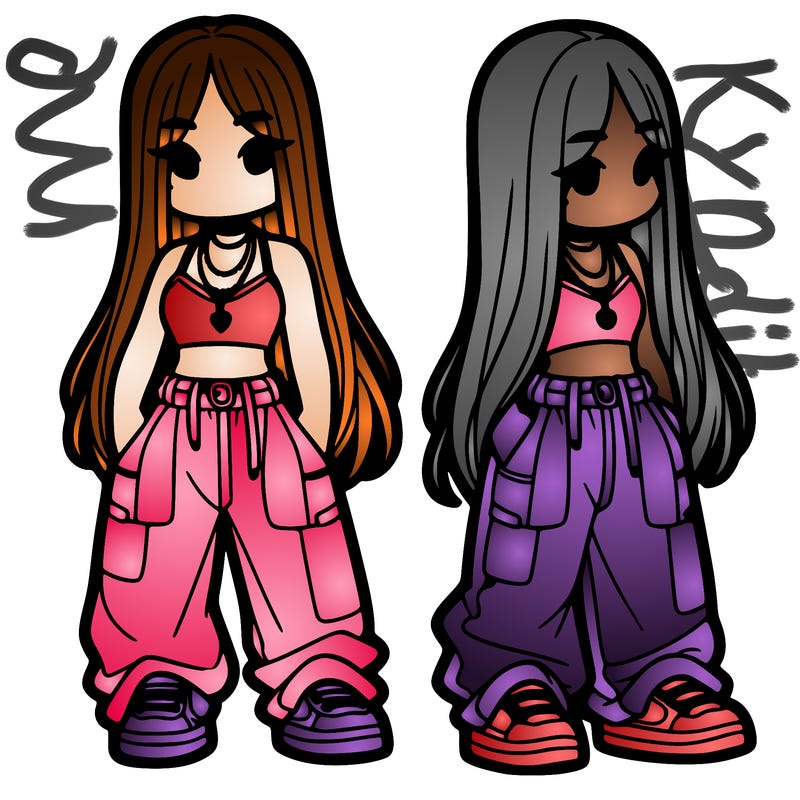 girl in baggy pants crop top and long hair