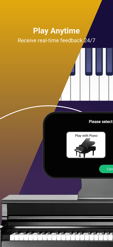 PianoDodo App-Oberfläche mit Echtzeit-Feedback und der Option, sich mit einem physischen Klavier zu verbinden.