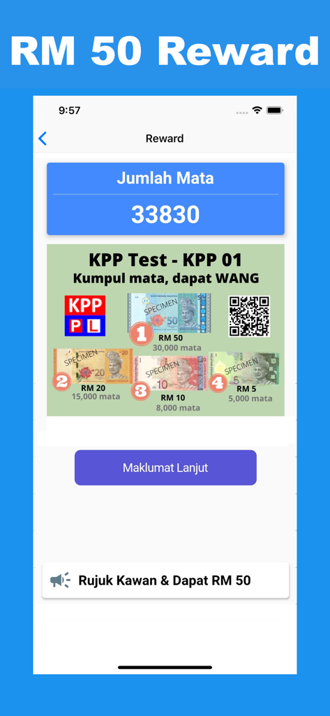 KPP Test app reward screen showing points and cash rewards in Malaysian Ringgit