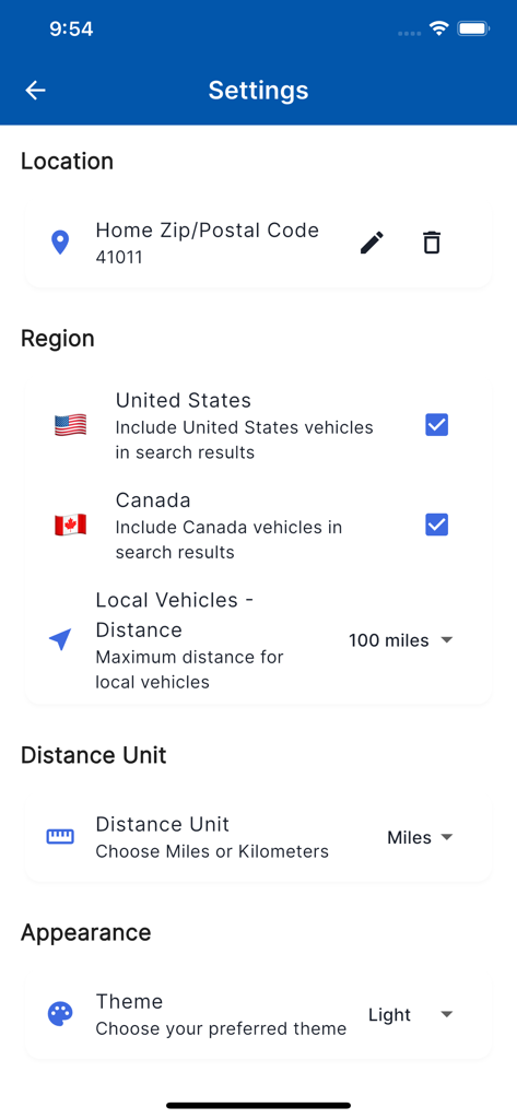 Settings menu of FSD Hunter app for configuring location and search regions