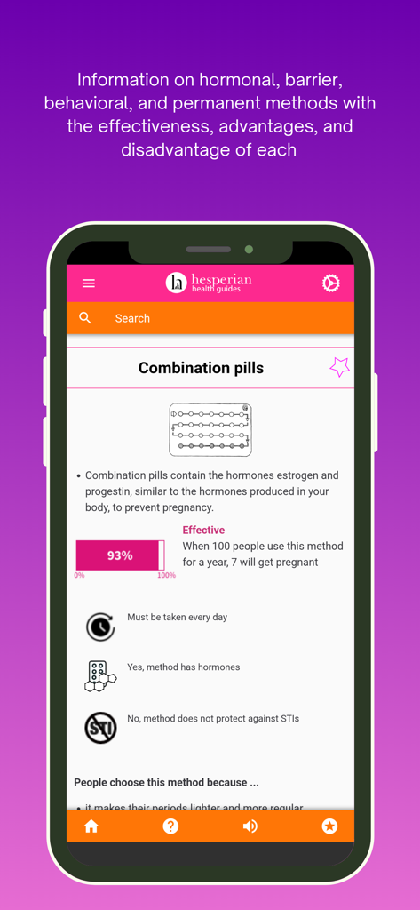 Family Planning - Mobile app screen showing information about combination birth control pills including effectiveness and daily usage requirements.