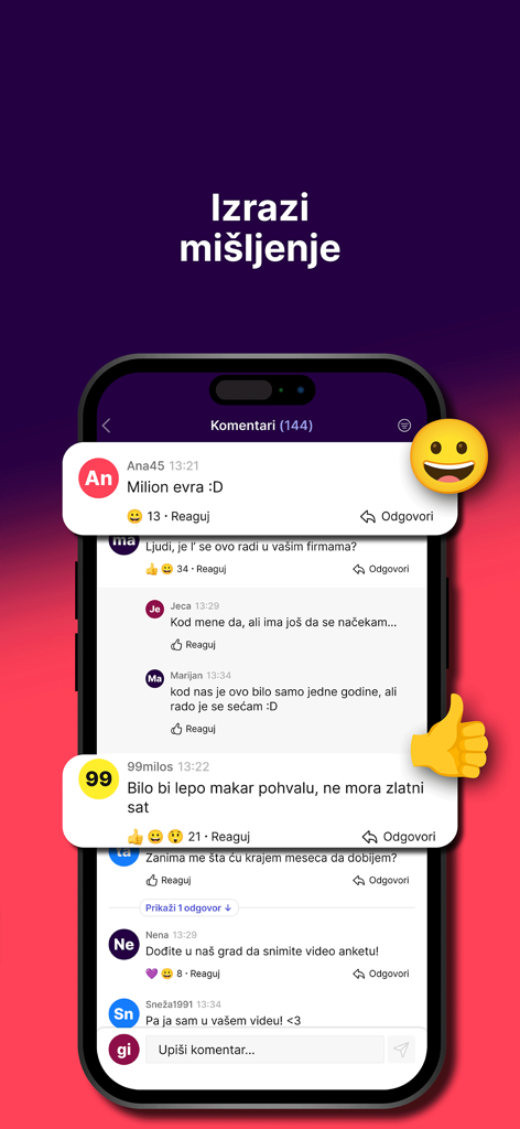 Mondo - User comment section on the Mondo news app showing emoji reactions and discussions in Serbian