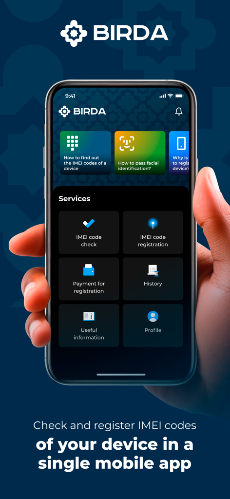 BIRDA mobile app interface for IMEI code check and registration in Uzbekistan