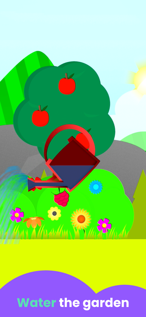 Una regadera de dibujos animados regando flores y un manzano en la aplicación Juegos del Bosque para Niños.
