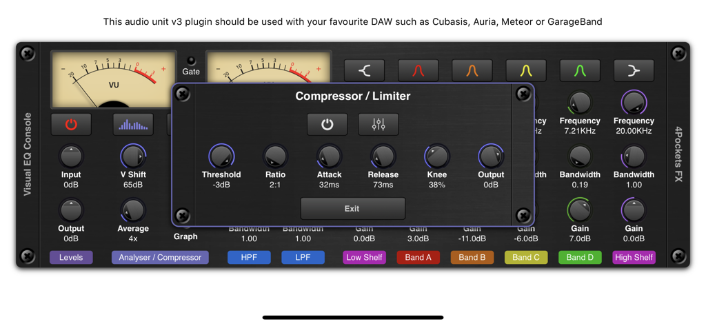 Interface of the Visual EQ Console AUv3 plugin showing the compressor and limiter settings overlay