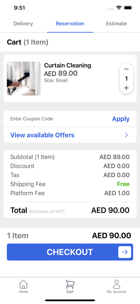 IVSouq: Shopping & Booking - Pagina del carrello dell'app IVSouq che mostra una prenotazione di servizio di pulizia tende e un pulsante di checkout
