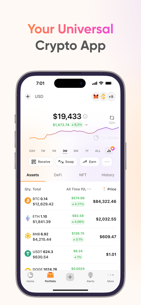 CoinStats mobile app interface showing a universal crypto portfolio dashboard with total balance and asset breakdown