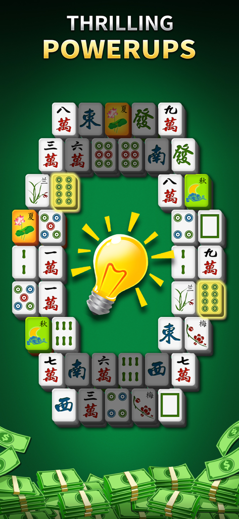 Pantalla del juego Mahjong Solitario con una pista de bombilla de ayuda y pilas de efectivo
