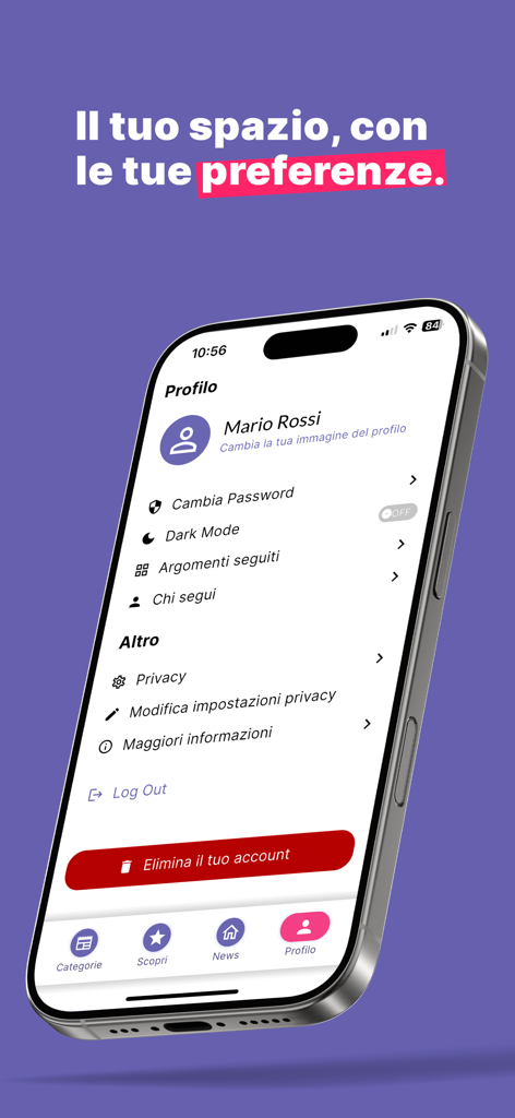 CityNow - CityNow app user profile page showing account settings and personalization options in Italian.