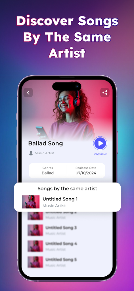 Song Recognition - Mobile app interface showing a feature to discover more songs by the same artist